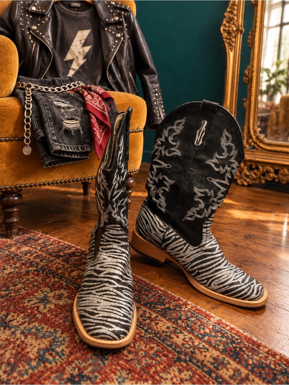 Roper Black Silver Zebra Glitter Western Cowgirl Boots Women’s Size 9